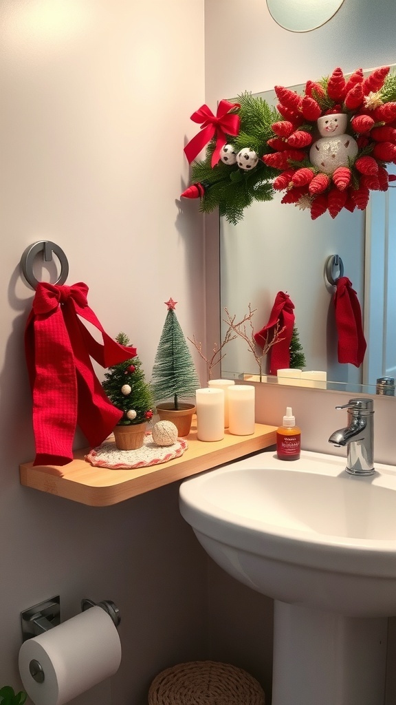 A festive bathroom shelf decorated for the holidays with a small Christmas tree, candles, and a wreath.