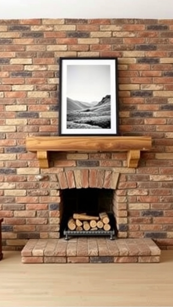 A stone brick fireplace with a wooden mantel displaying a black-and-white framed photograph above it.