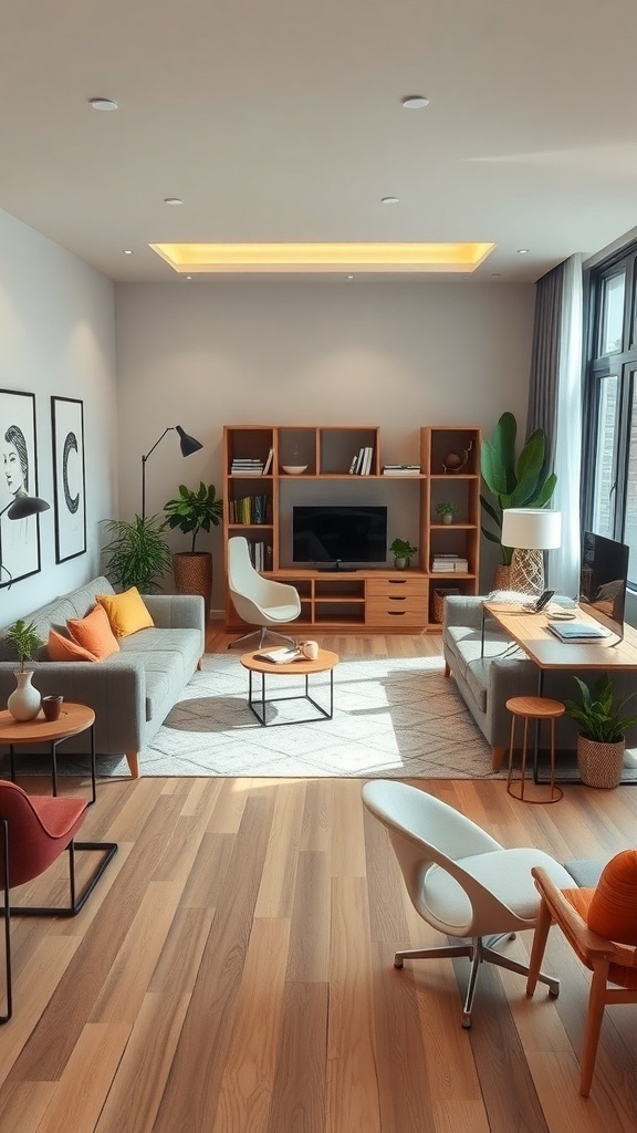 Bright industrial farmhouse living room with multi-purpose furniture arrangement