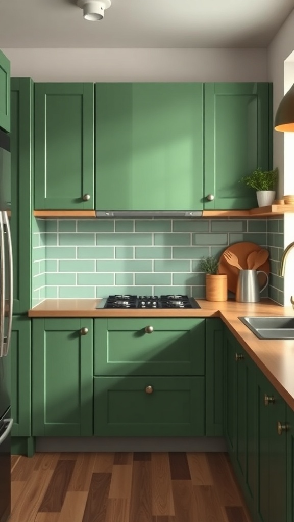 Modern kitchen featuring sage green cabinets with funky hardware and a wooden countertop.