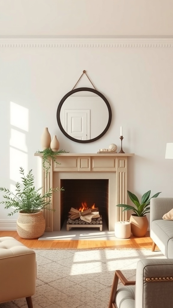 A cozy living room featuring a round mirror above a fireplace, with plants and soft furnishings.