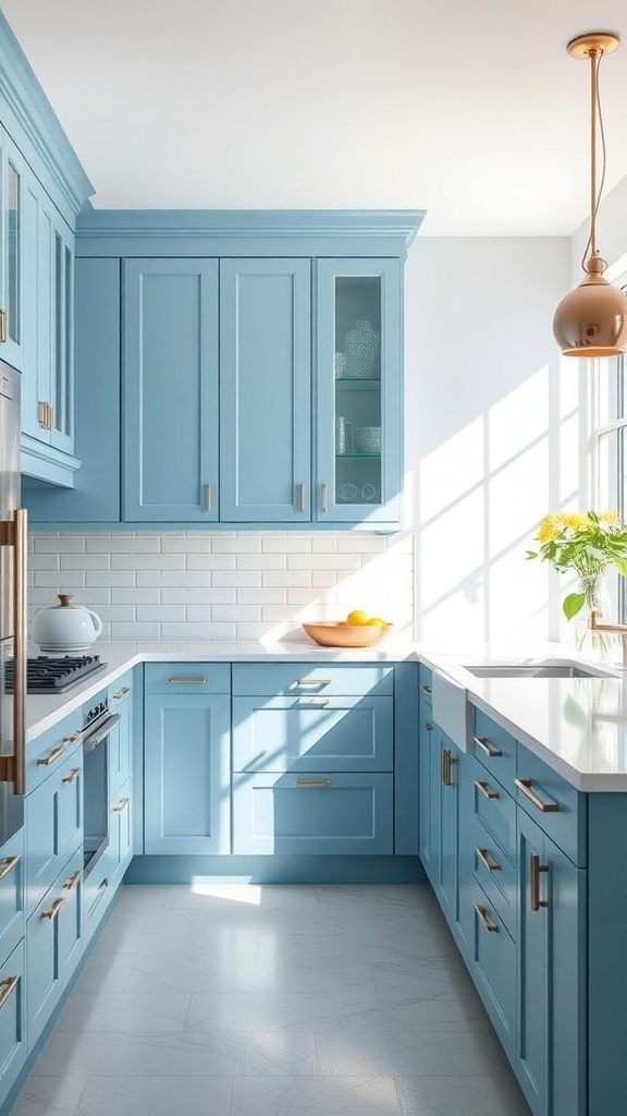 A modern kitchen featuring sky blue cabinets with gold hardware and white countertops.
