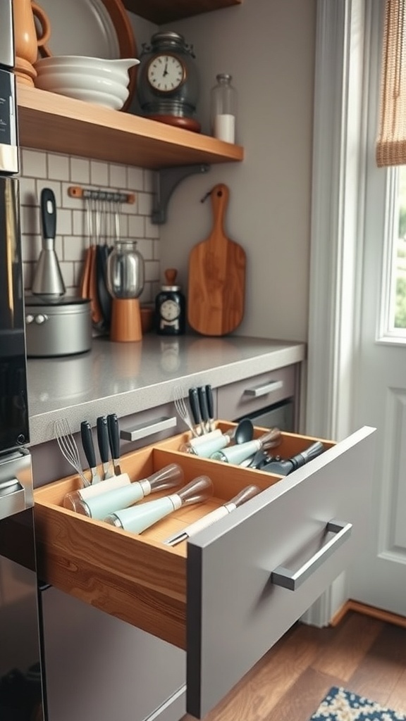 A well-organized kitchen drawer with customized dividers holding various kitchen utensils.