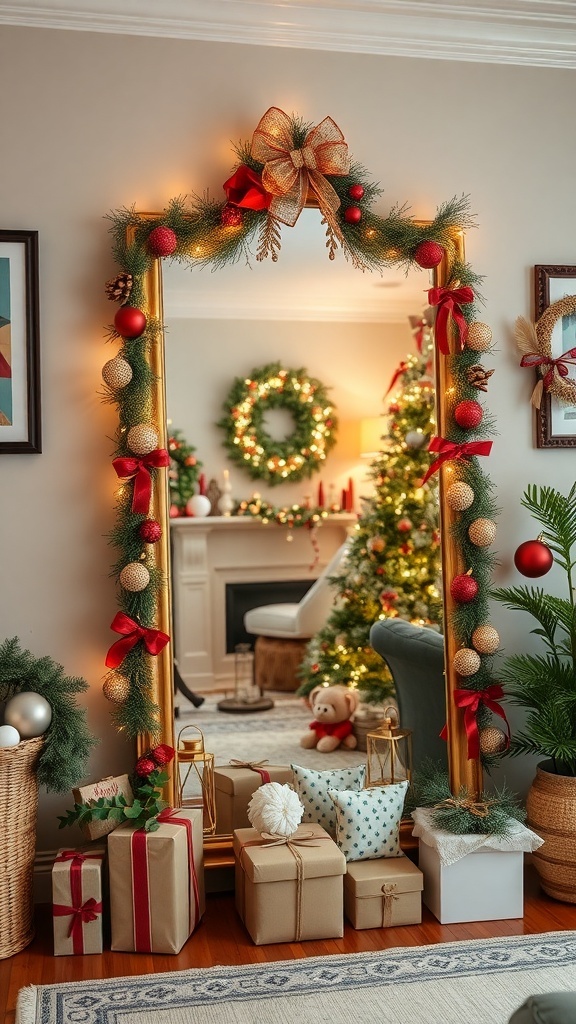 A festive mirror decorated with greenery, red ribbons, and ornaments, surrounded by wrapped gifts and a Christmas tree.