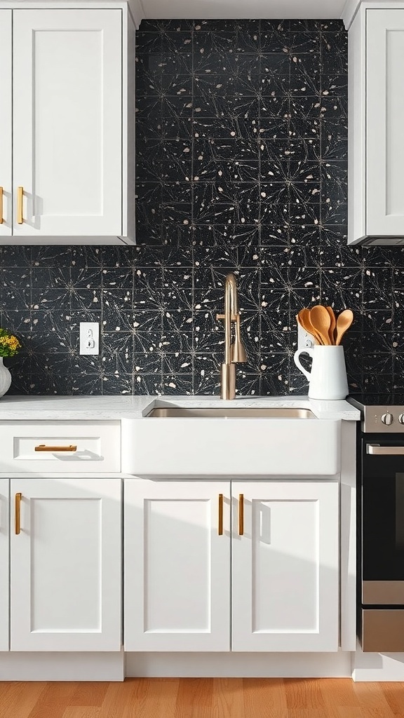 Black terrazzo backsplash with colorful flecks in a modern kitchen