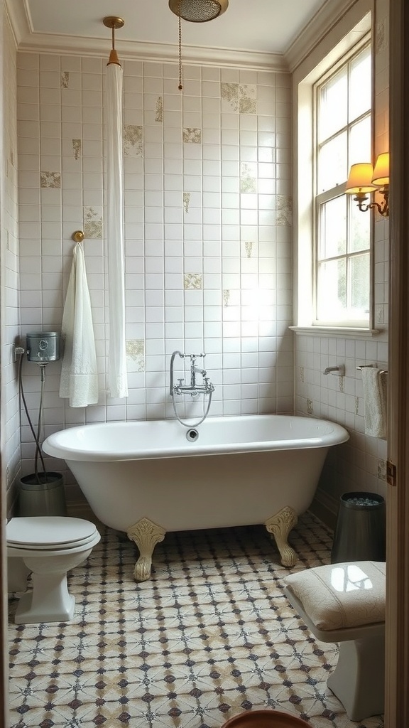 A vintage-inspired bathroom featuring a clawfoot tub, patterned floor tiles, and soft lighting.