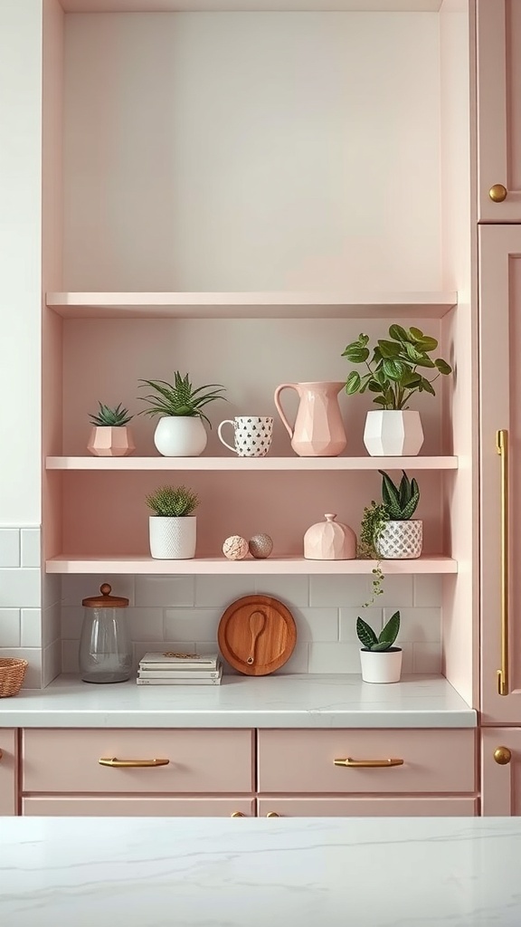 Charming pink kitchen shelf decor with plants and pastel kitchenware