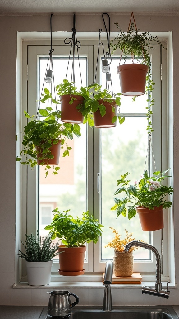 A hanging herb garden with various plants in pots, displayed near a kitchen window.