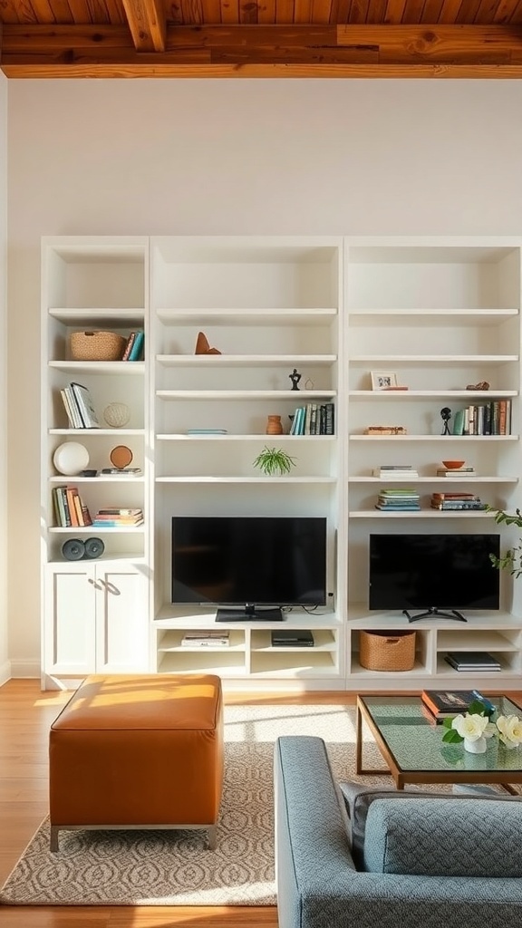 A modern living room with built-in white shelves, a TV, and a cozy seating area.