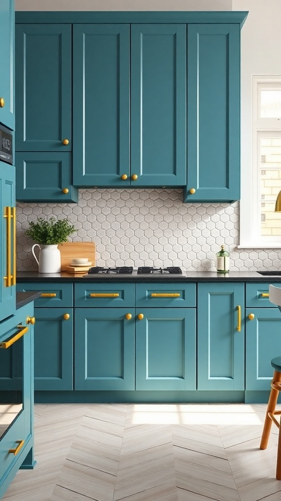 A modern kitchen featuring bold teal cabinets with gold hardware and a hexagonal backsplash.
