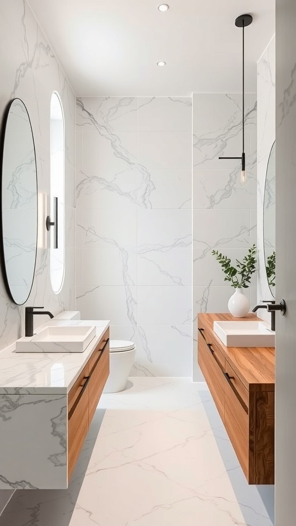 A modern bathroom featuring a marble countertop and wooden cabinets, showcasing a stylish contrast.