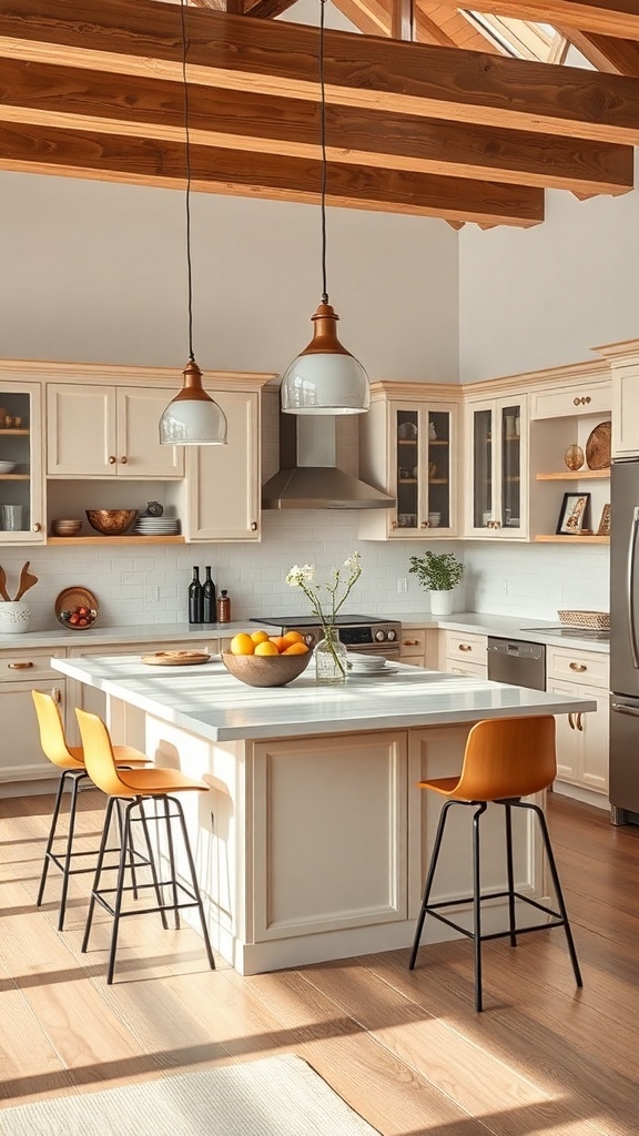 A modern kitchen with a functional island, featuring a marble countertop and stylish bar stools.