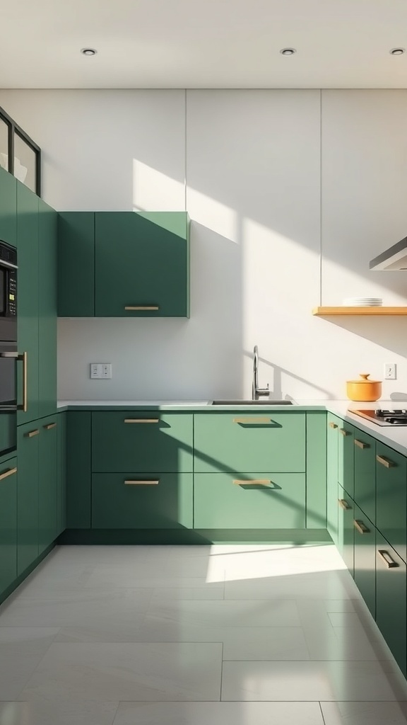 Modern kitchen with sleek matte green cabinets and gold hardware