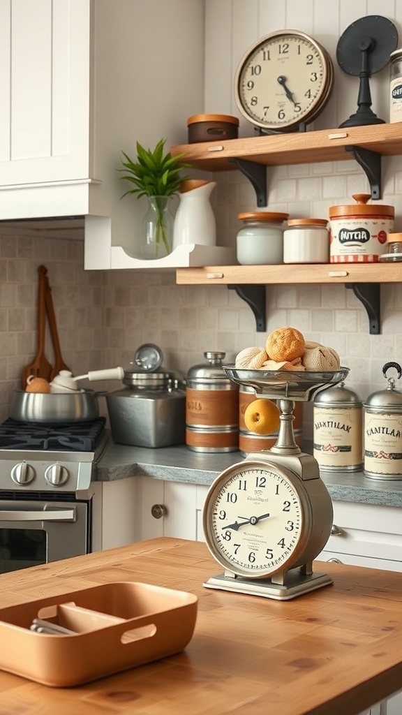 A charming kitchen featuring vintage decor elements like a classic scale, retro wall clock, and open shelving with jars.