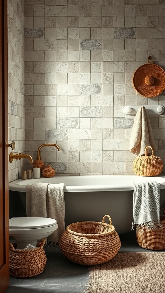 A modern farmhouse bathroom featuring textured fabrics, soft towels, and woven baskets.