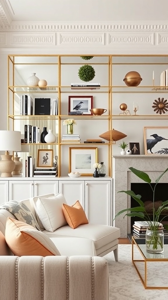 Stylish living room with mirrored shelves displaying decorative items