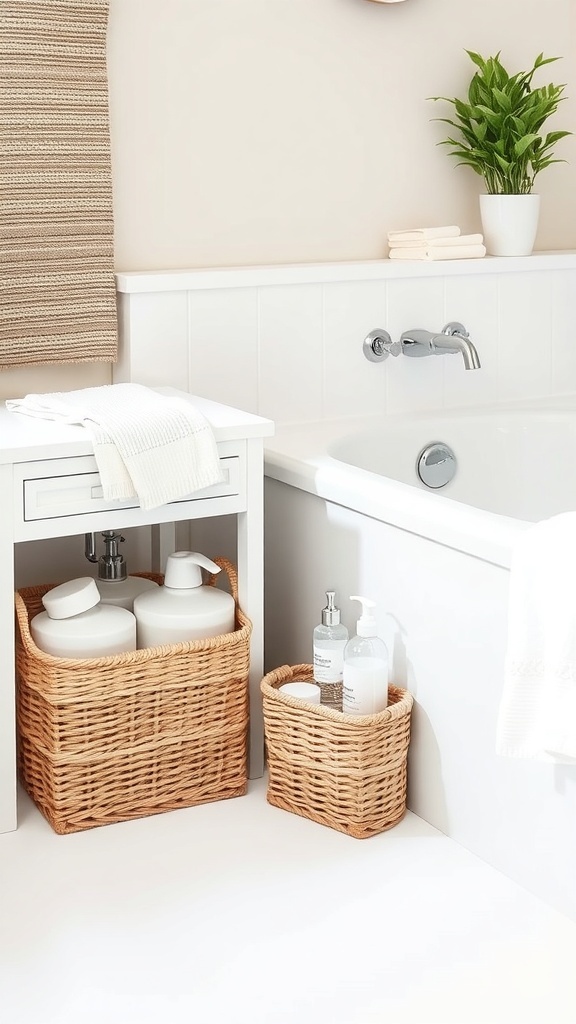 A stylish bathroom with a tub, woven baskets for storage, and a green plant.