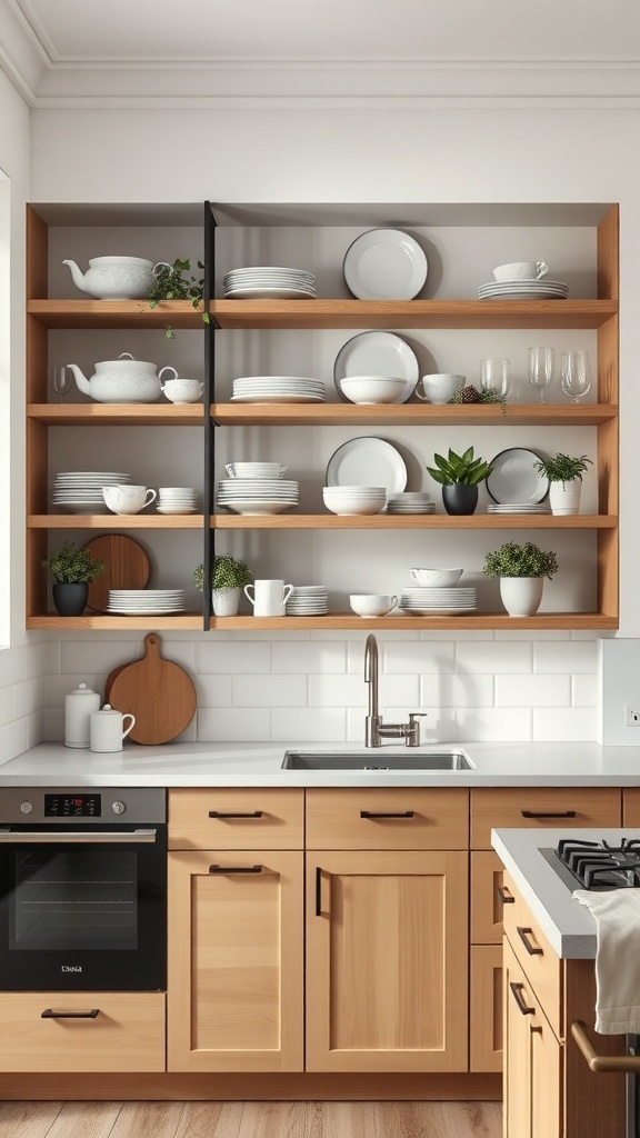 Open shelving in a modern kitchen displaying white dishware and plants