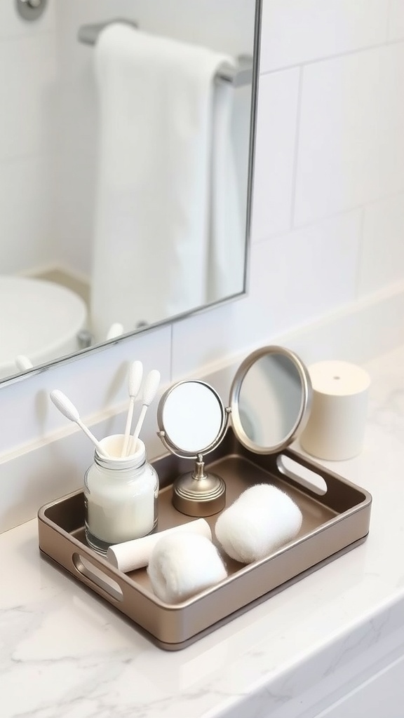 A stylish bathroom tray with essentials like cotton swabs, a small mirror, and cotton pads.