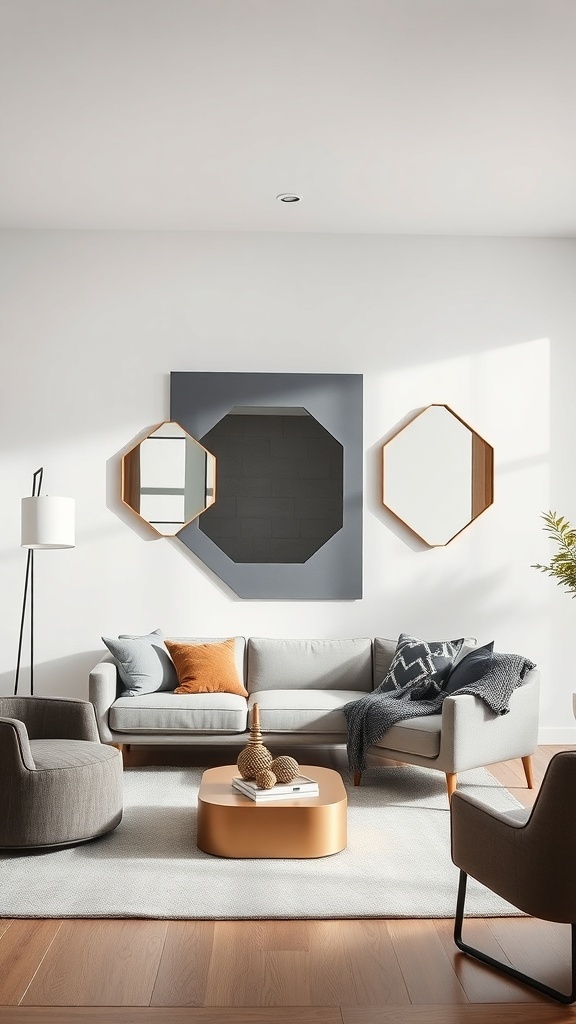 Living room featuring geometric mirrors in various shapes, a cozy couch, and a stylish coffee table.