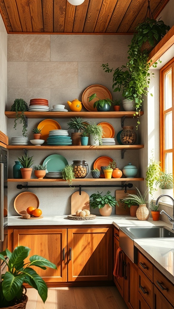 Open shelving in a boho kitchen displaying colorful dishes and plants.
