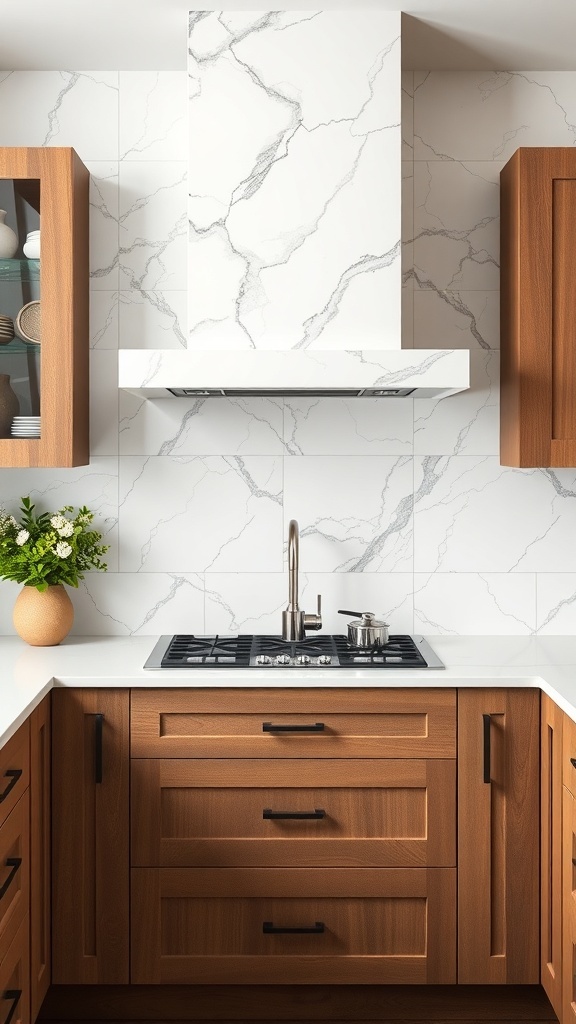 Luxurious marble backsplash in a modern kitchen with wood cabinets
