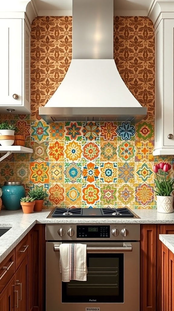 Colorful Moroccan tiles as a kitchen backsplash with floral and geometric patterns.