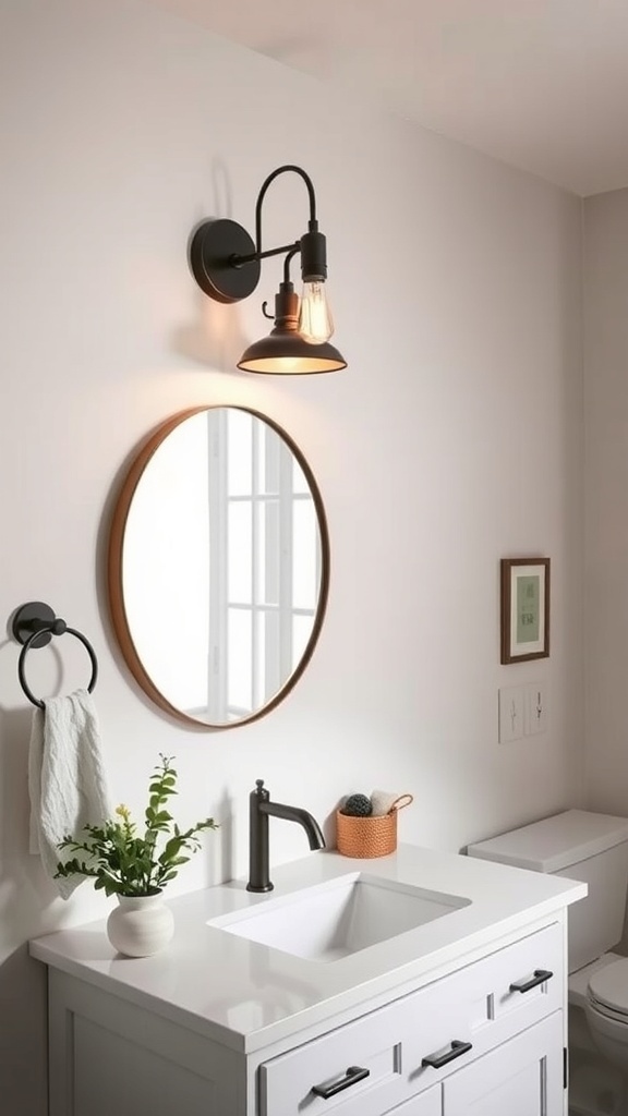 A modern farmhouse bathroom with a wall-mounted light fixture, round mirror, and white sink.