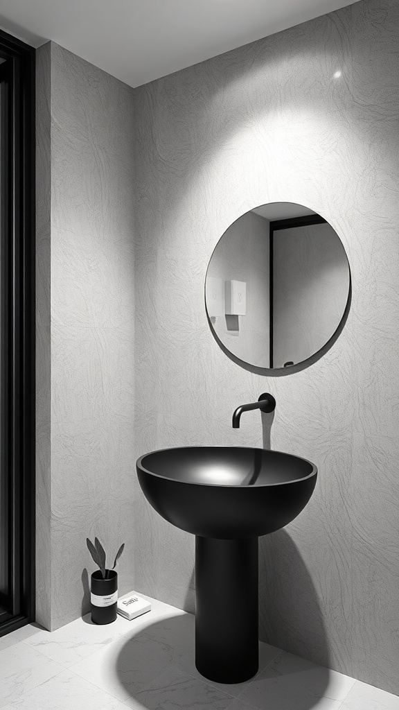 A modern black sink with a round mirror in a light gray bathroom setting.