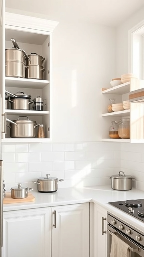 A bright, modern small kitchen with corner cabinets and smart storage solutions.