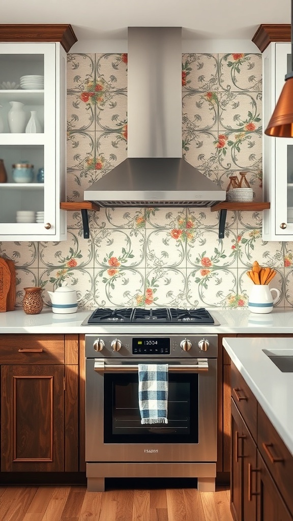 Artistic hand-painted tiles in a kitchen backsplash with floral patterns