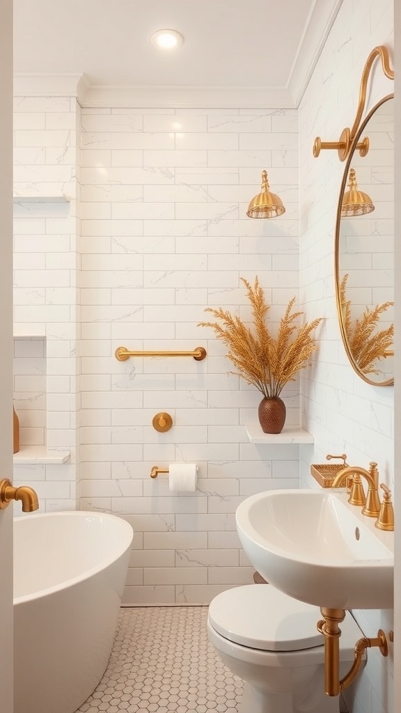 A stylish bathroom featuring warm metallic accents in gold, with white marble tiles and decorative plants.