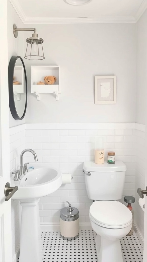 A bright white bathroom featuring a round mirror, industrial light fixture, and playful teddy bears on shelves.