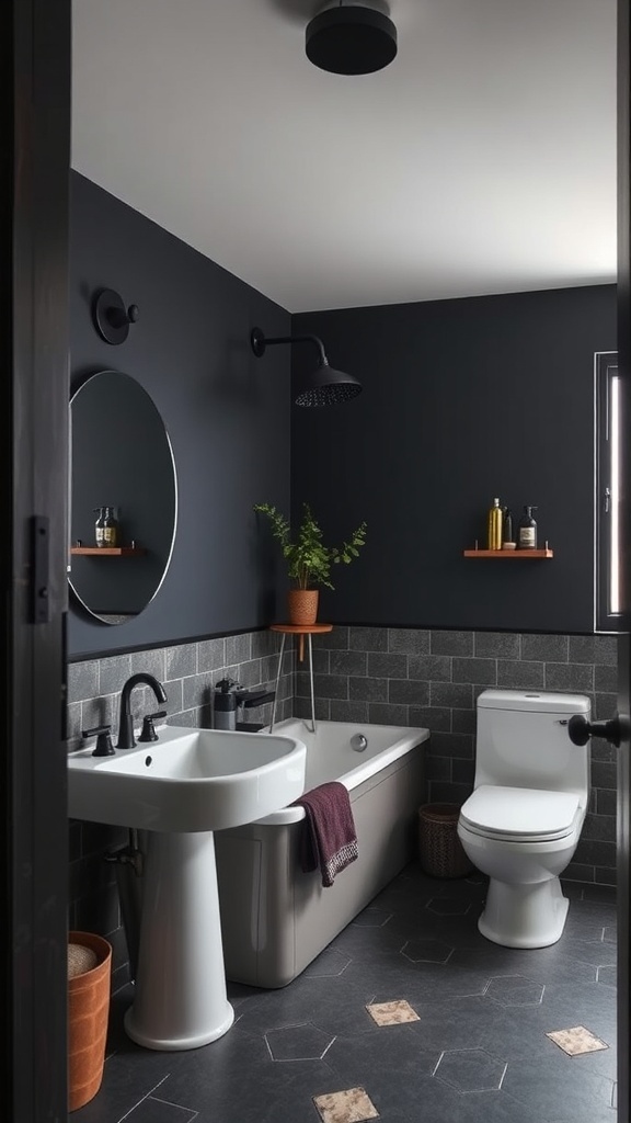 An industrial-style bathroom featuring dark walls, a white sink, and a bathtub, with a touch of greenery.