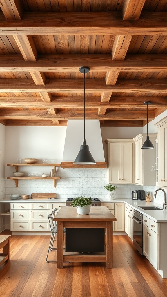 A modern farmhouse kitchen featuring reclaimed wood beams on the ceiling, light cabinetry, and wooden flooring.