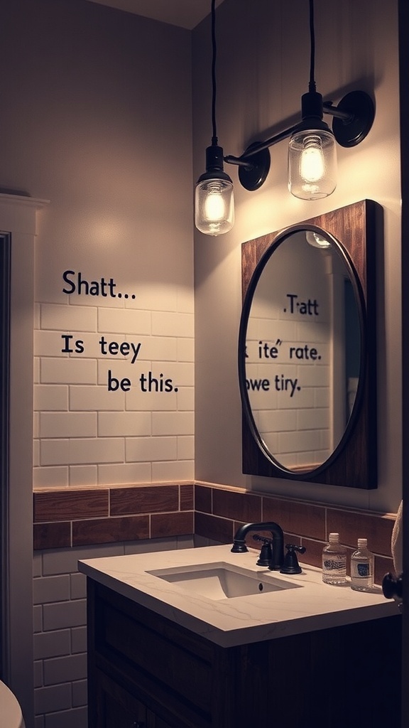 Industrial-style bathroom lighting with exposed bulbs and a round mirror