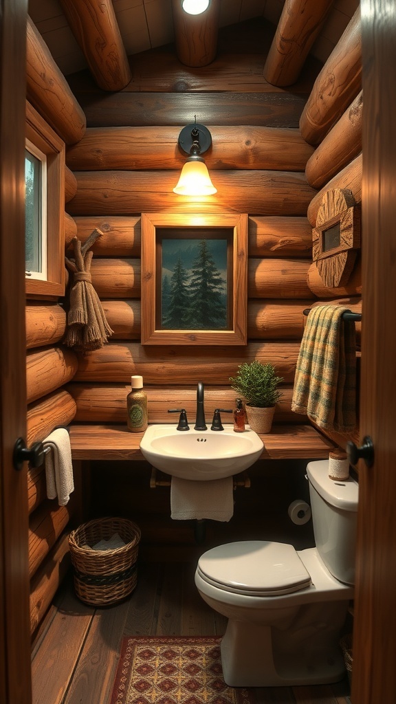 Cozy cabin-style bathroom with log walls, wooden fixtures, and warm lighting