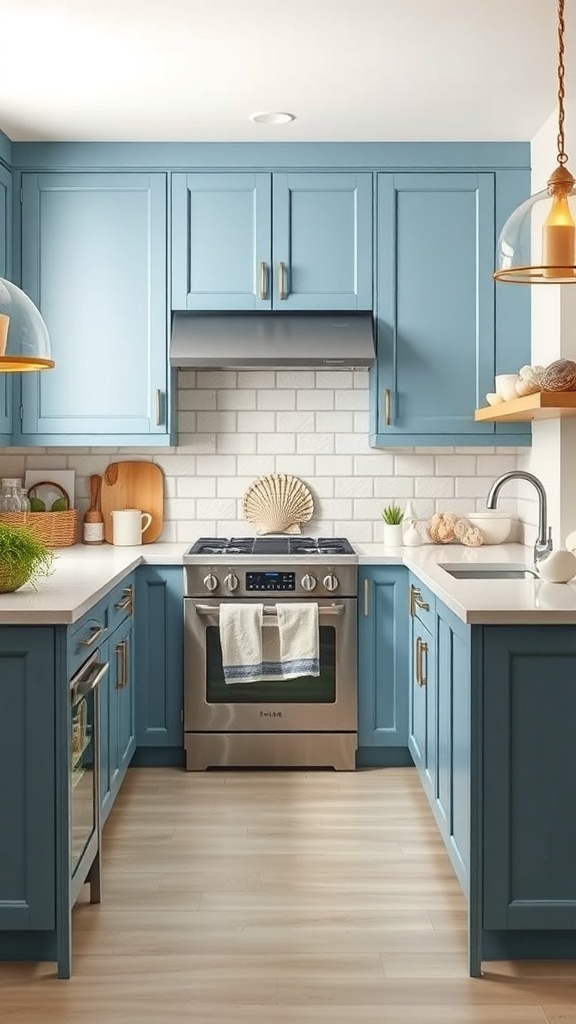 A modern kitchen featuring light blue cabinets, white countertops, and a subway tile backsplash.