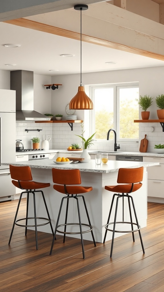 Stylish kitchen with orange bar stools and modern decor