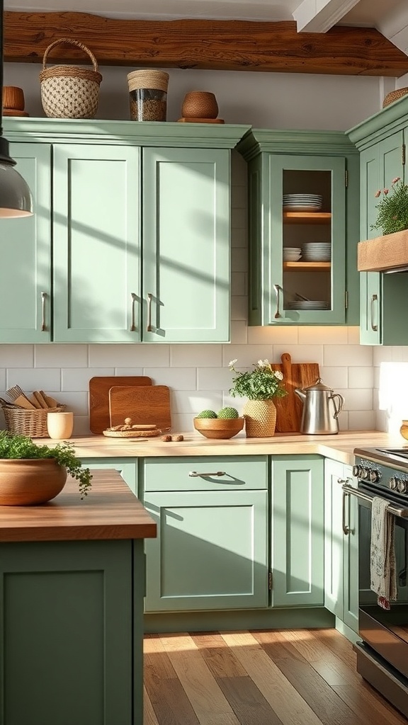 A cozy kitchen featuring rustic green shaker cabinets with wooden accents and a light countertop.