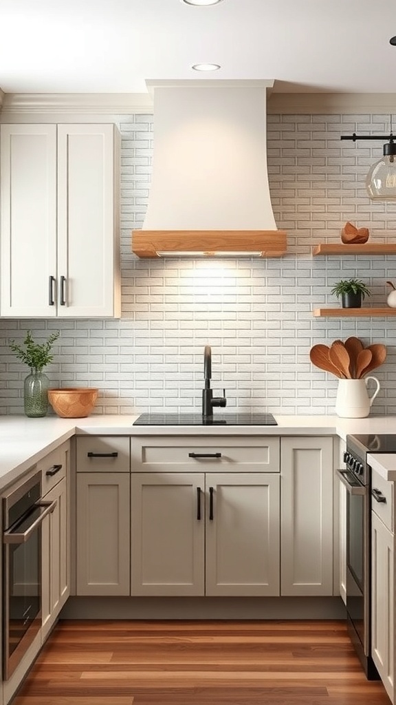 Modern farmhouse kitchen with a unique subway tile backsplash and wooden accents.
