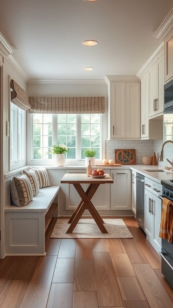 Cozy breakfast nook with built-in seating in a modern farmhouse kitchen