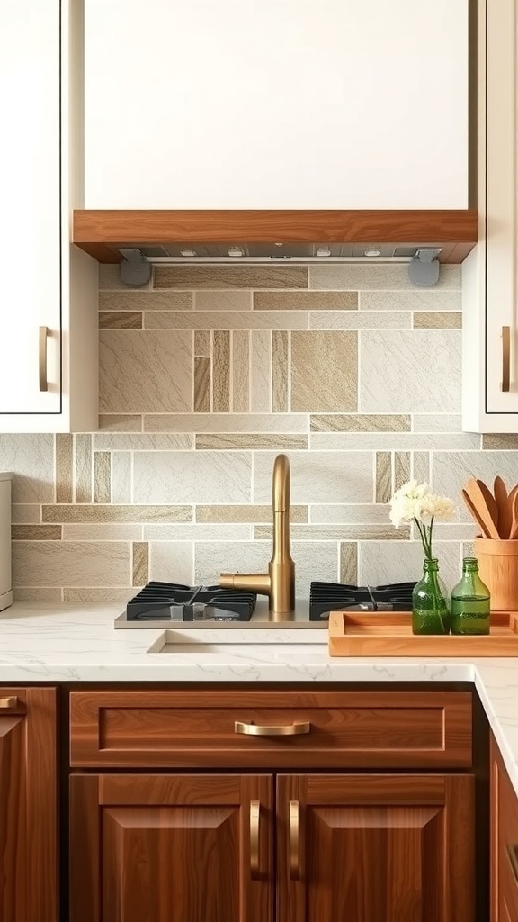 A kitchen featuring a natural stone backsplash with earthy tones, paired with rich wood cabinets and a modern faucet.