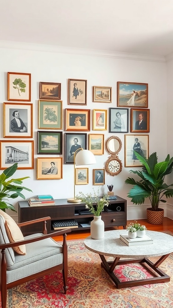 A stylish living room featuring a vintage art collection on the wall, with various framed artworks and plants.