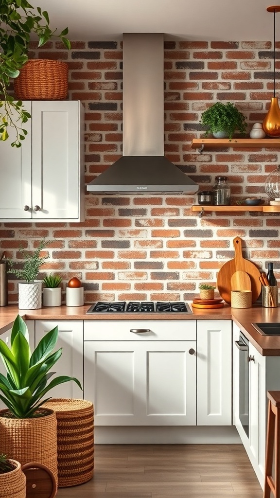 A stylish kitchen featuring a reclaimed brick backsplash, white cabinets, and modern decor.