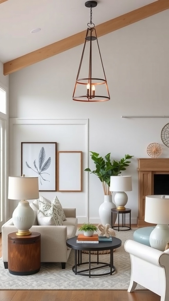 A coastal farmhouse living room with layered lighting, featuring a pendant light and table lamps.