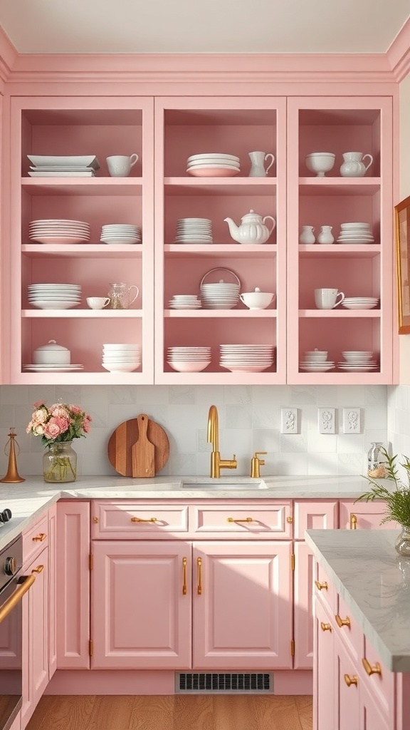 A cozy pink kitchen with open shelving displaying white dishware and pink accents.