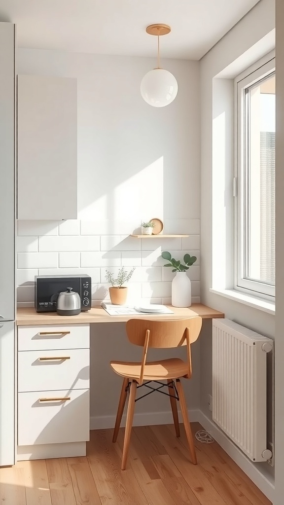 A small kitchen with a bright desk area, featuring a compact desk, natural light, and modern decor.