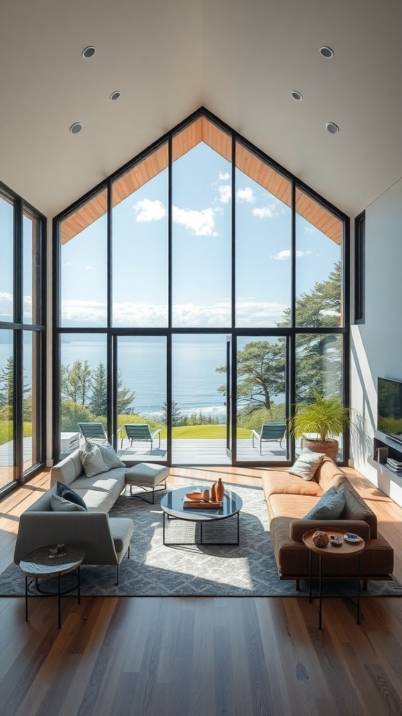 A coastal farmhouse living room with large windows showcasing an ocean view, featuring comfortable seating and natural decor.