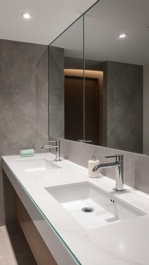 A modern bathroom with elegant glass countertops, sleek faucets, and neutral wall tones.
